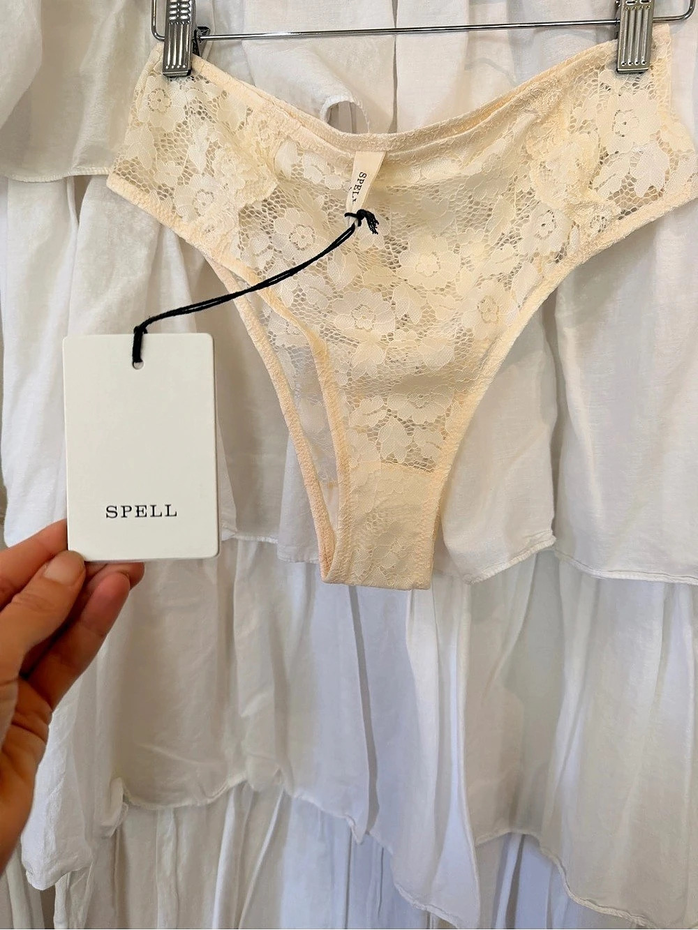 SPELL Lace High Cut Brief Floral Lace Brief in Cream Size Small NWT